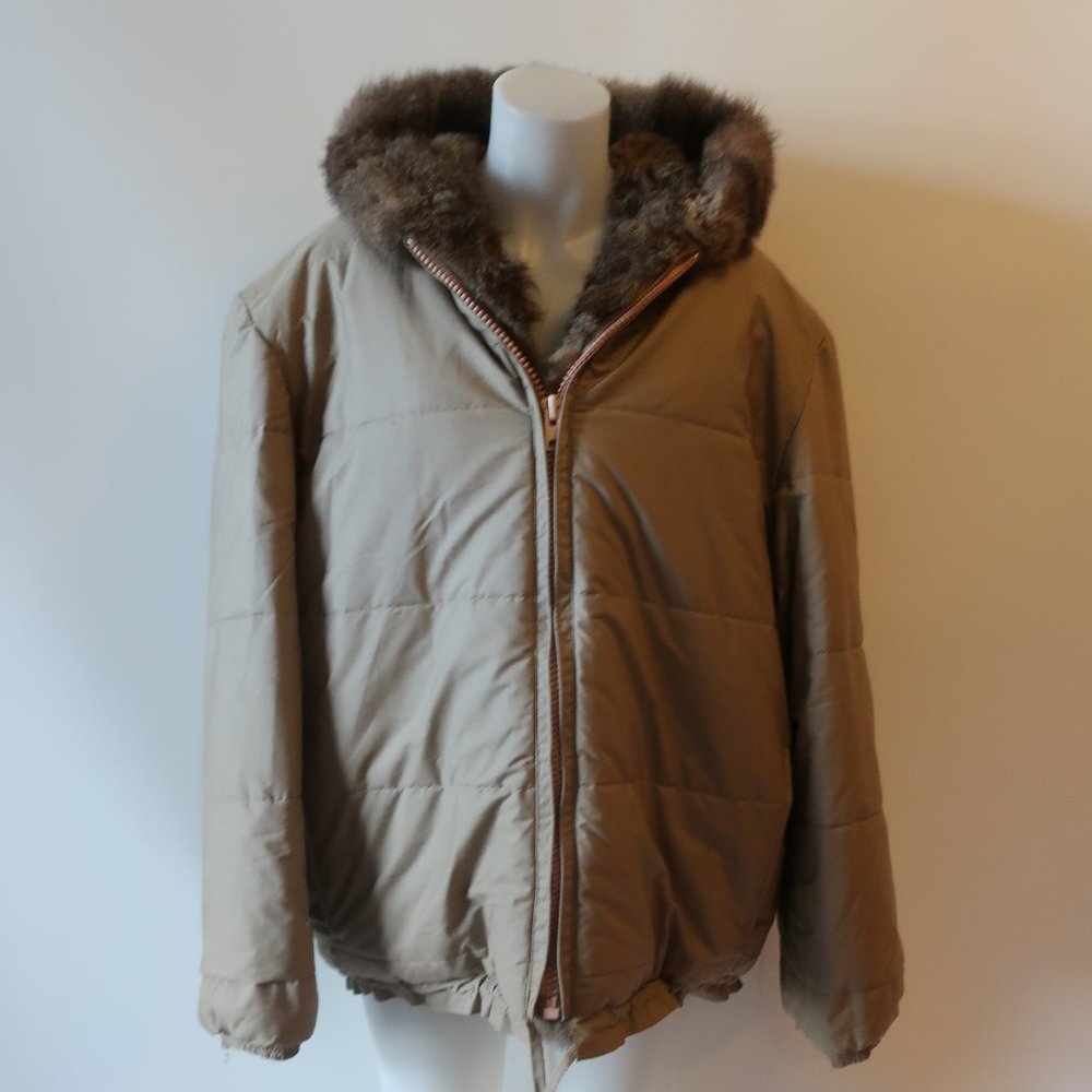 MENS BLOOMINGDALES TAUPE BROWN HOODED GENUINE FUR LINED JACKET L *